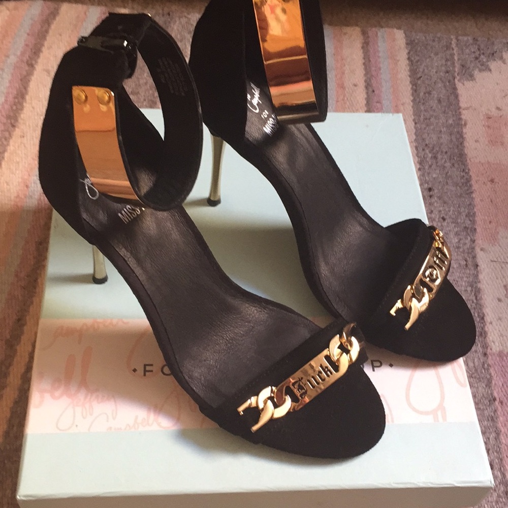 Malice Black Suede Heels with Metallic Gold
